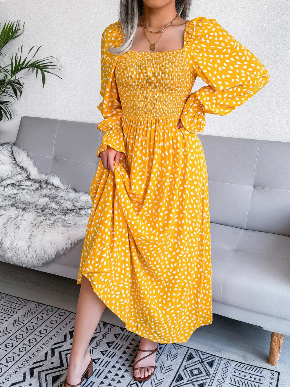 Smocked Square Neck Flounce Sleeve Dress (3)