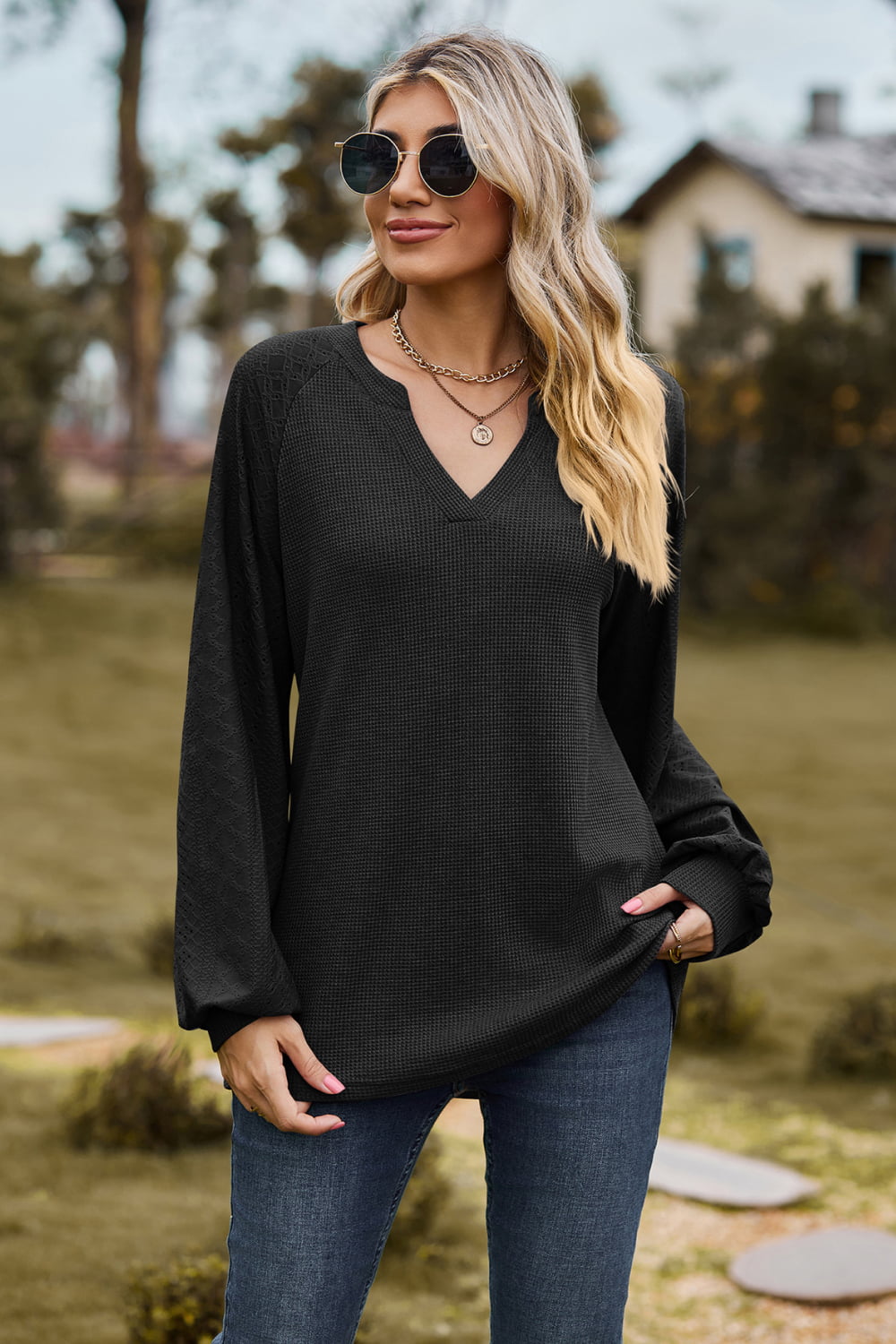 Notched Neck Raglan Sleeve Blouse (14)