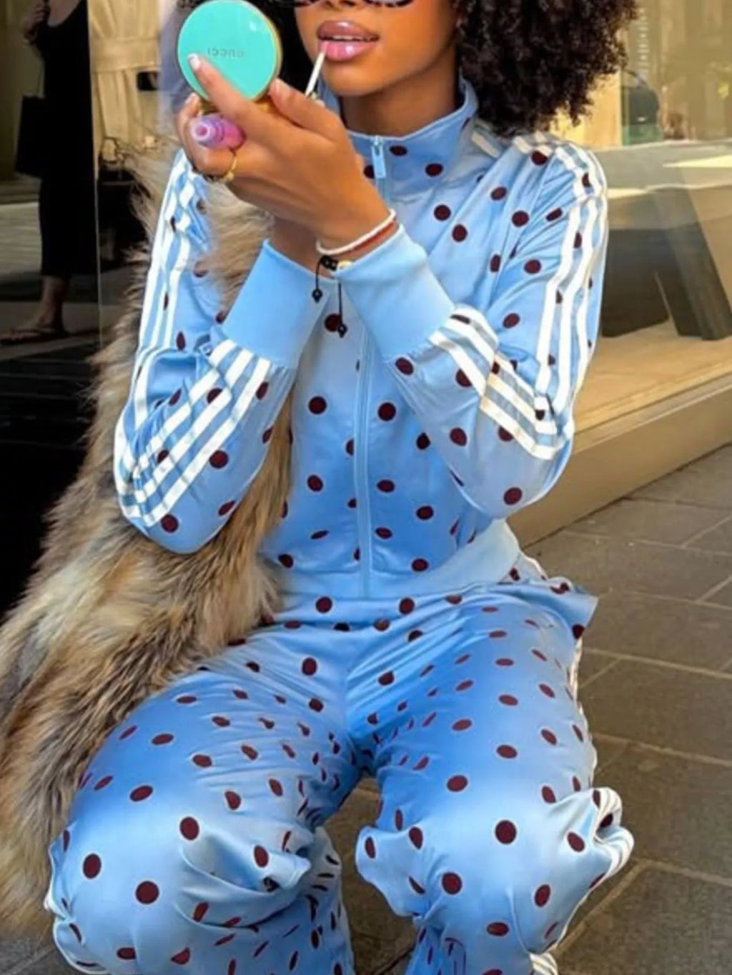Polka Dot Side Striped Outerwear Pants Set (7)