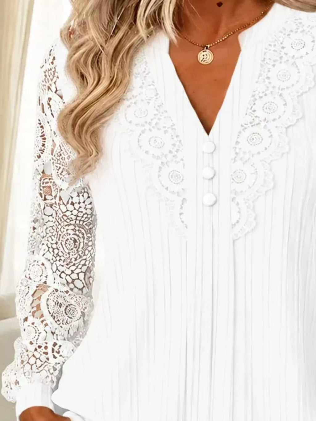 Lace Long Sleeve Notched Blouse (14)