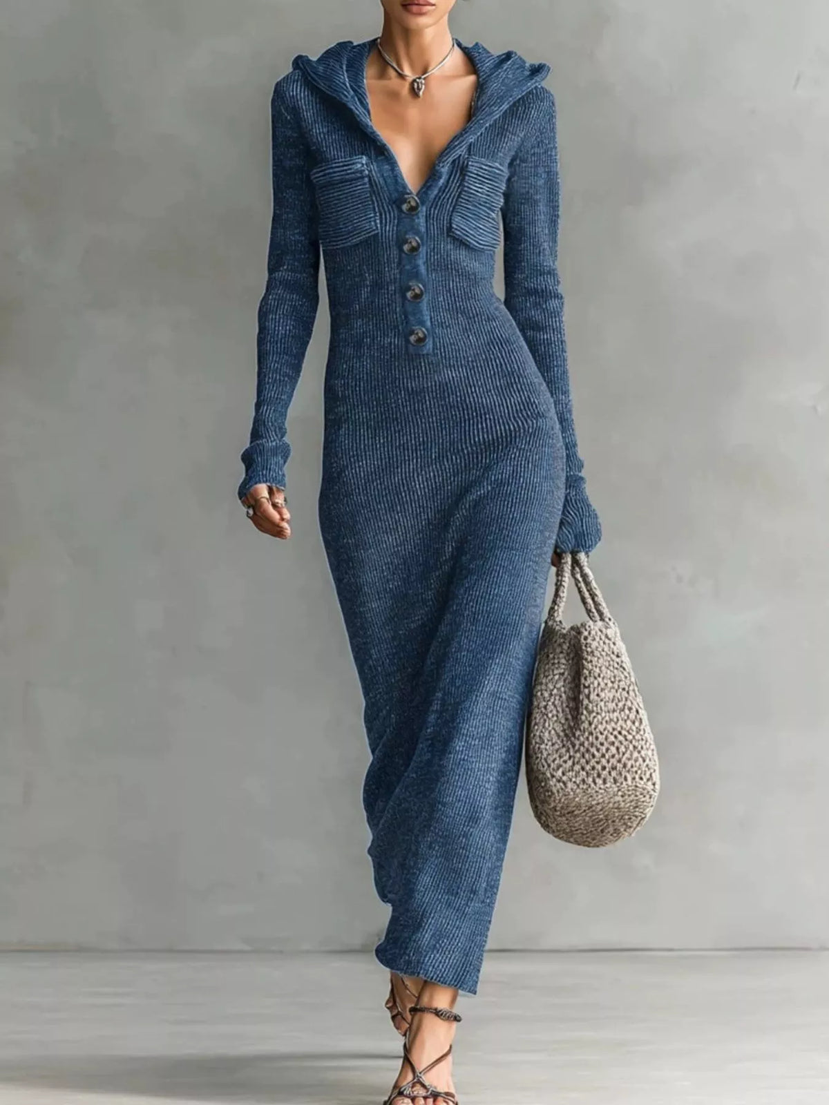 Hooded Knit Maxi Dress Button-up Placket Chest Pockets