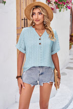 Buttoned Notched Neck Eyelet Top (3)