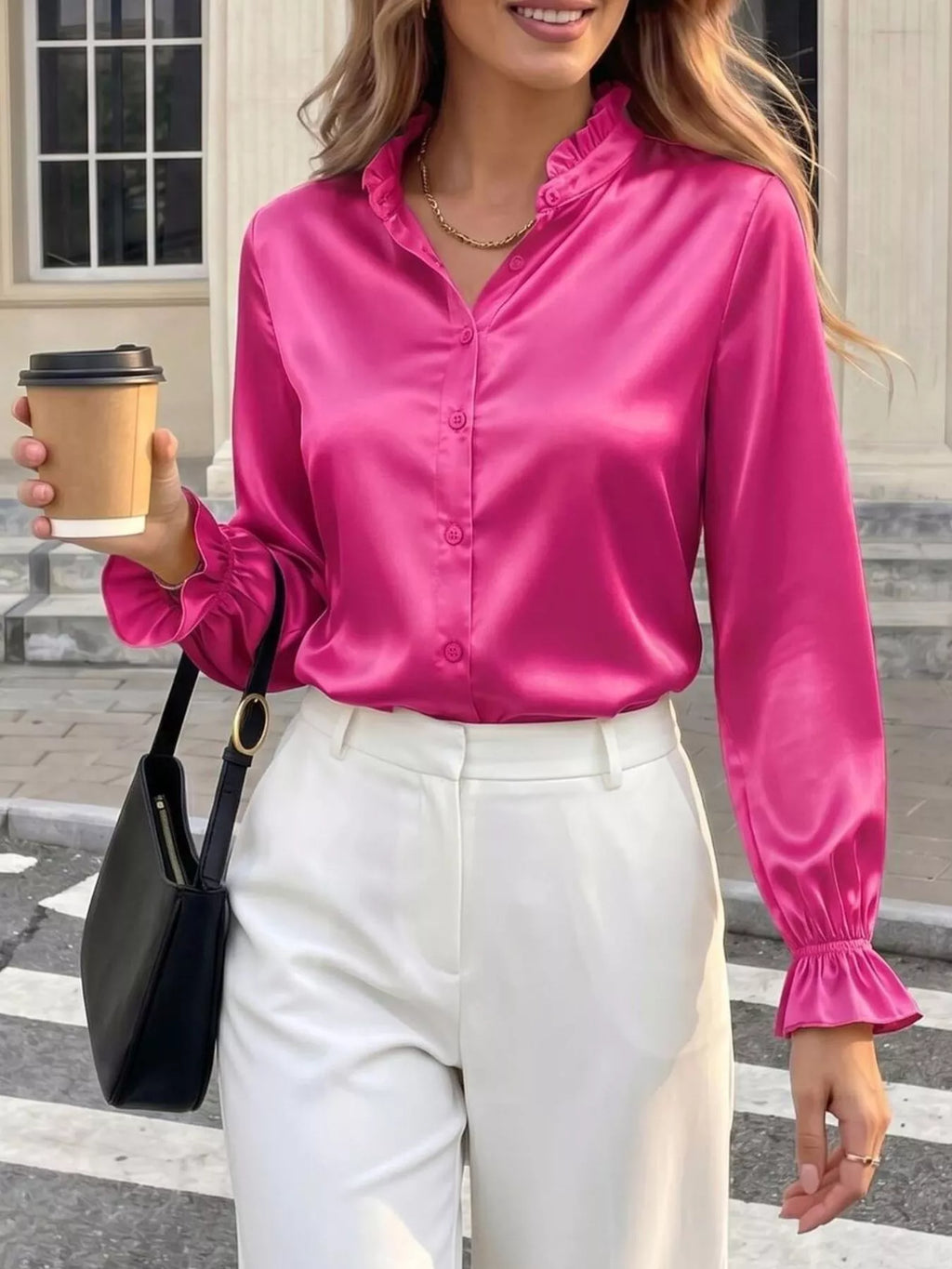 Elegant Button Down Ruffle Trim Satin Shirt (8)