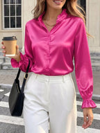 Elegant Button Down Ruffle Trim Satin Shirt (8)