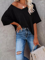 Waffle Knit V-neck Short Sleeve T-shirt (4)