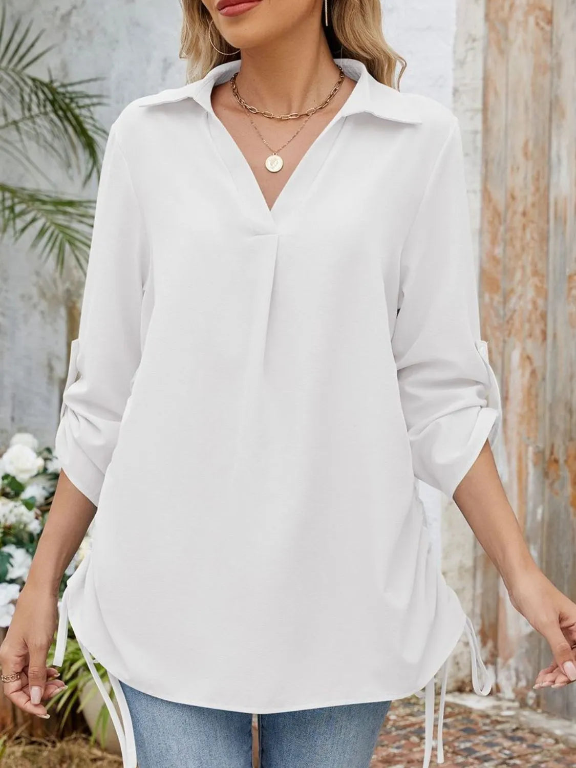 Drawstring Johnny Collared Three-quarter Sleeve Top (22)