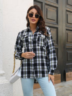 Plaid Collared Neck Buttoned Shirt Pockets (4)