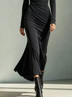 Asymmetrical Neck Ruched Long-sleeve Dress (9)