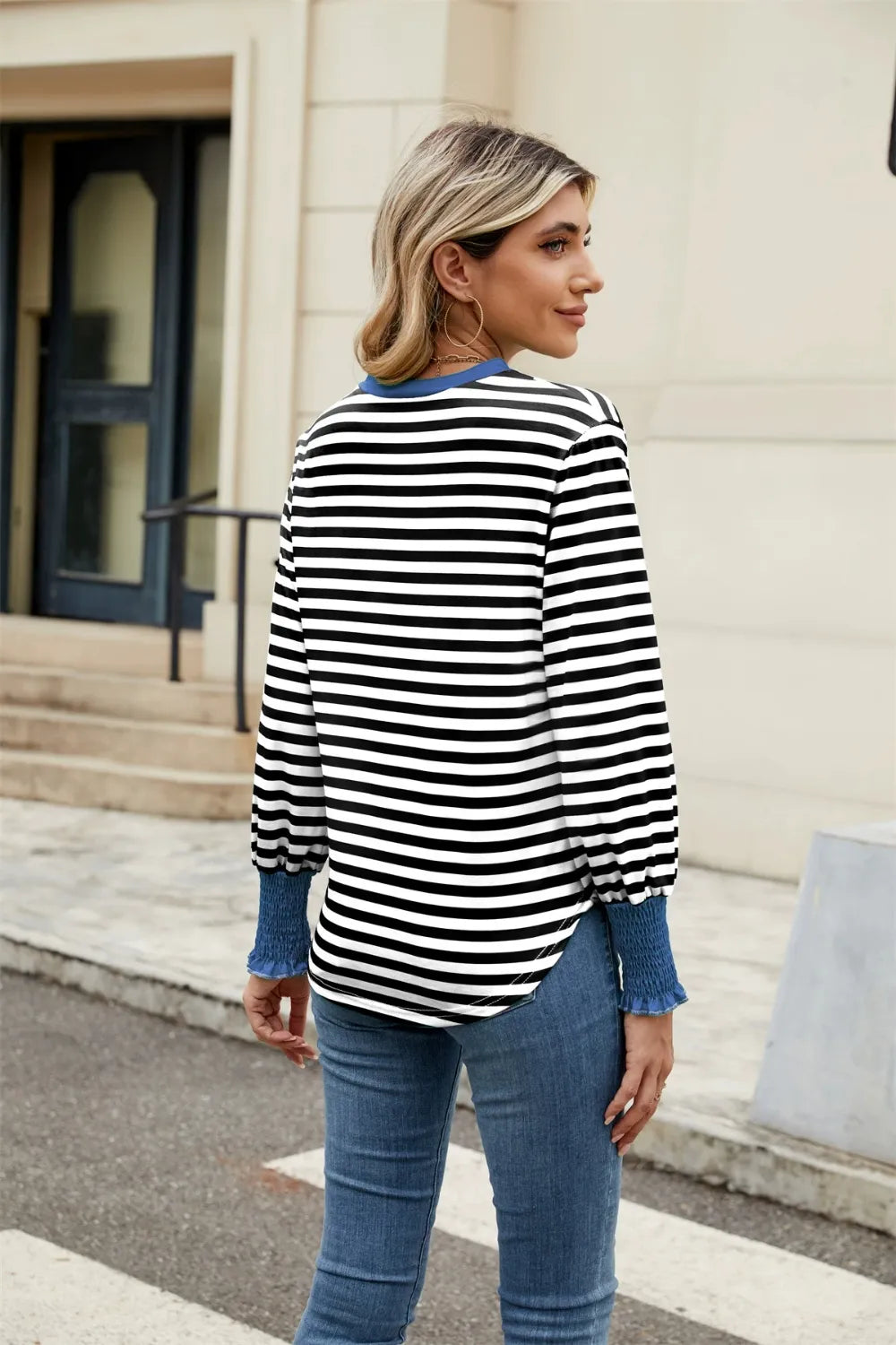 Contrast Striped Notched Long Sleeve Top (16)