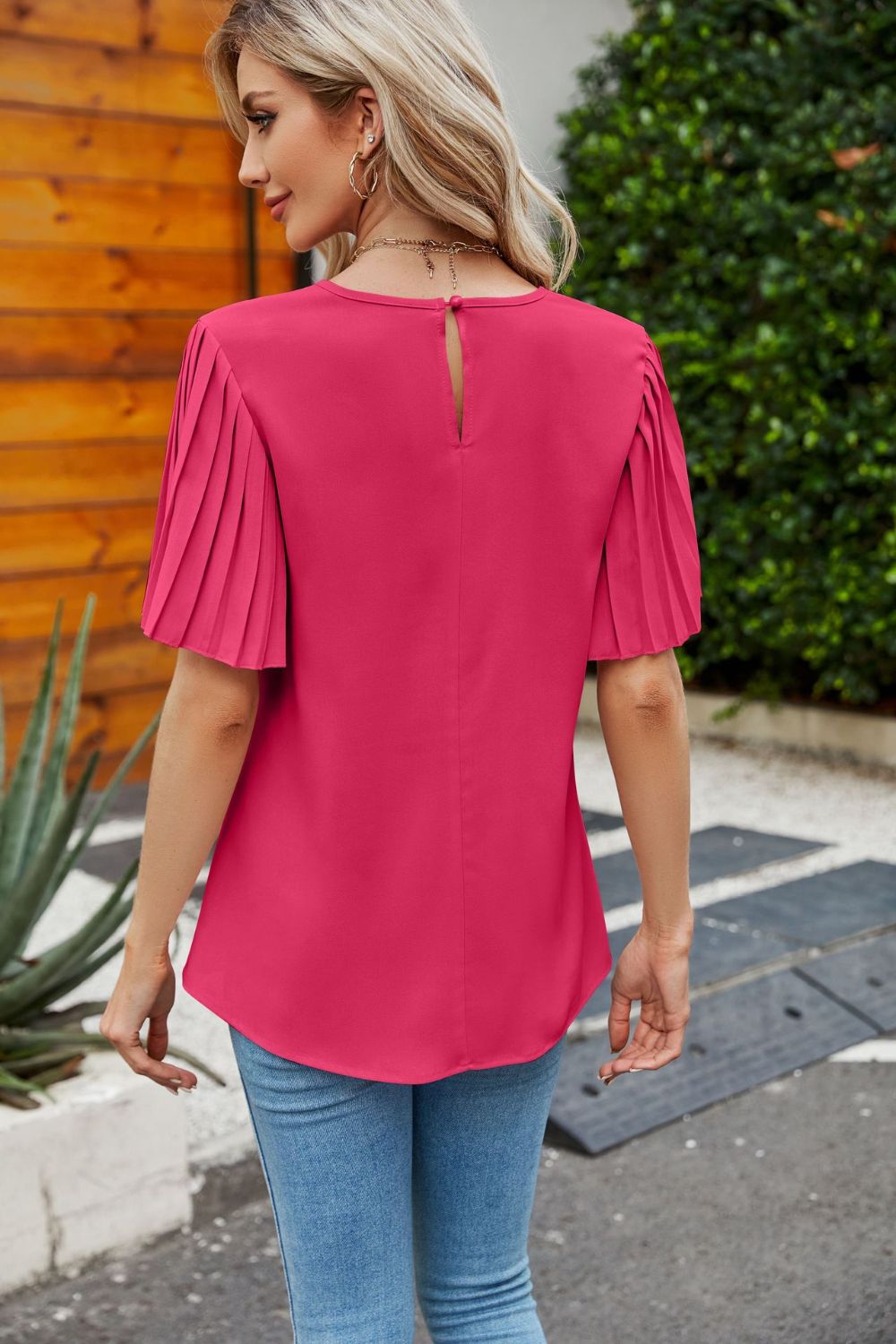 Pleated Flutter Sleeve Round Neck Blouse (2)