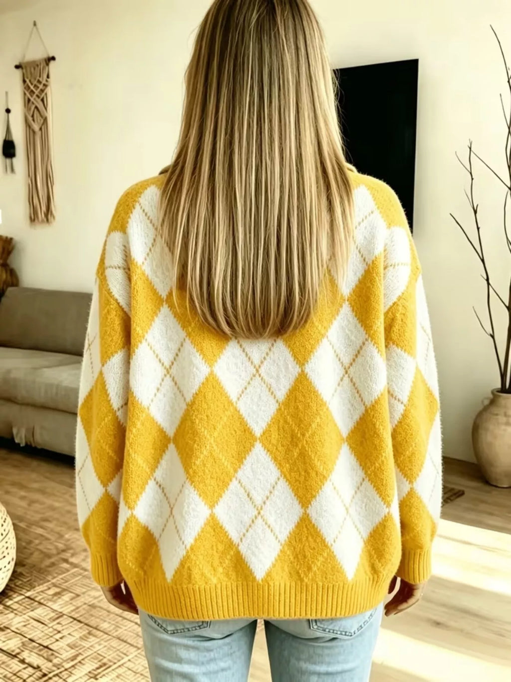 Argyle Pattern Polo Collar Sweater (10)