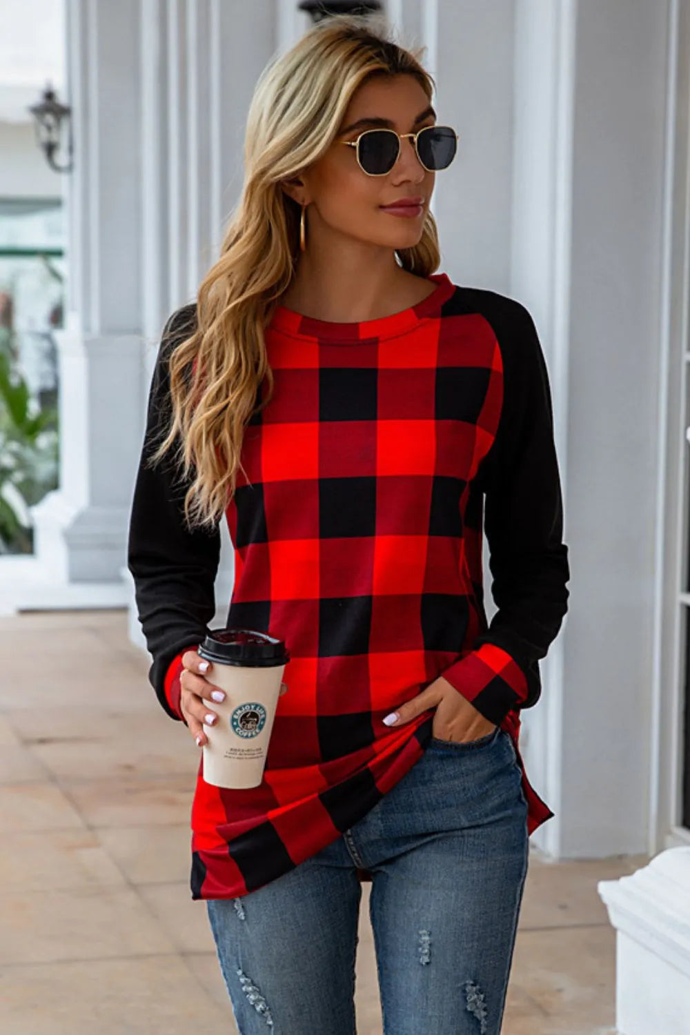 Plaid Round Neck Long Sleeve T-shirt (3)
