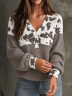 Cow Print Block Waffle Knit Blouse (8)