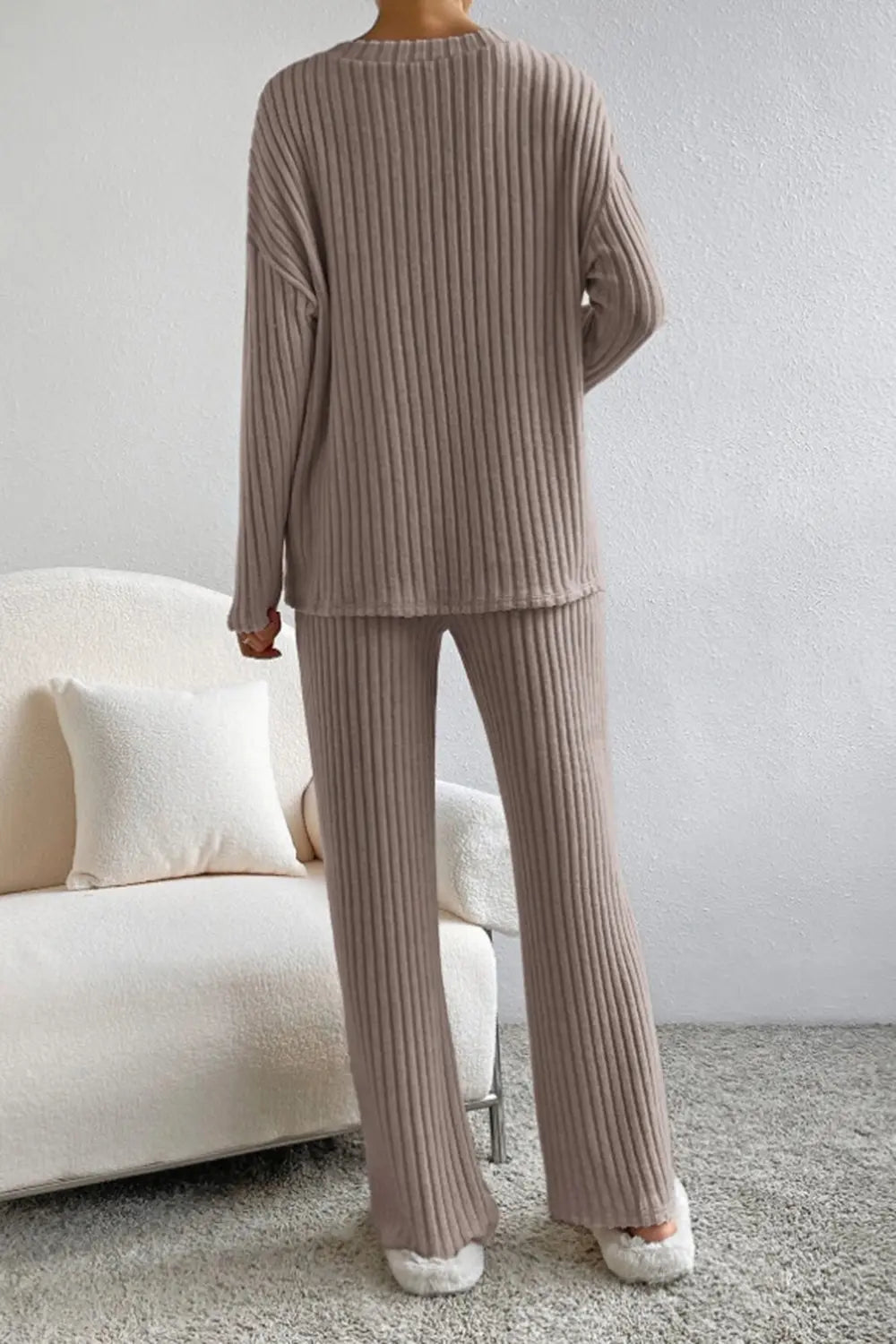 Ribbed V-neck Top Pants Set (2)