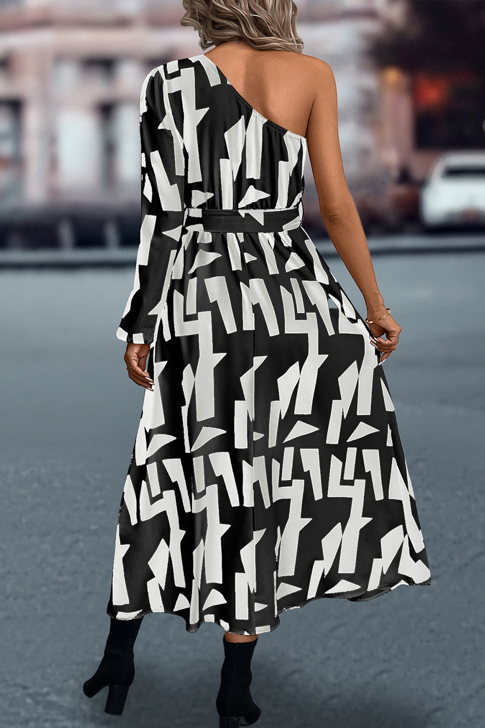 Printed One-shoulder Tie Waist Dress (12)