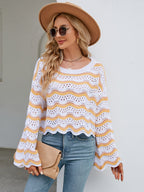 Round Neck Openwork Flare Sleeve Knit Top (18)