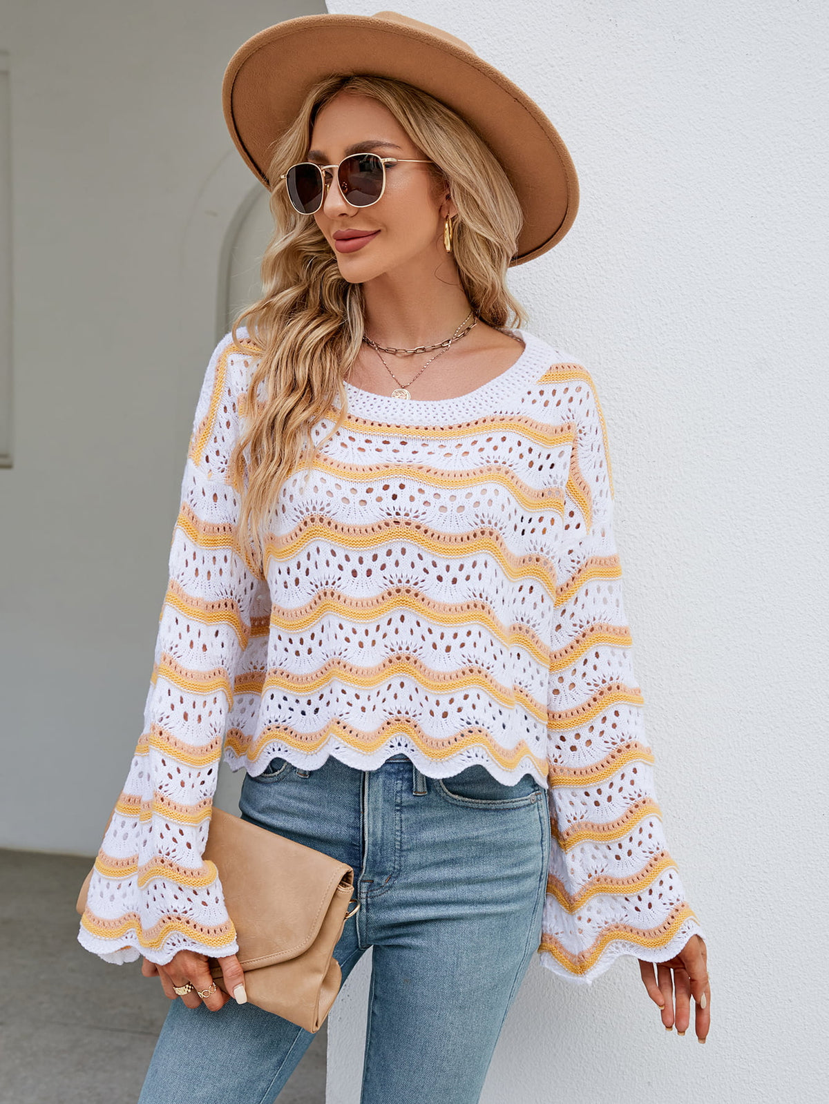 Round Neck Openwork Flare Sleeve Knit Top (18)