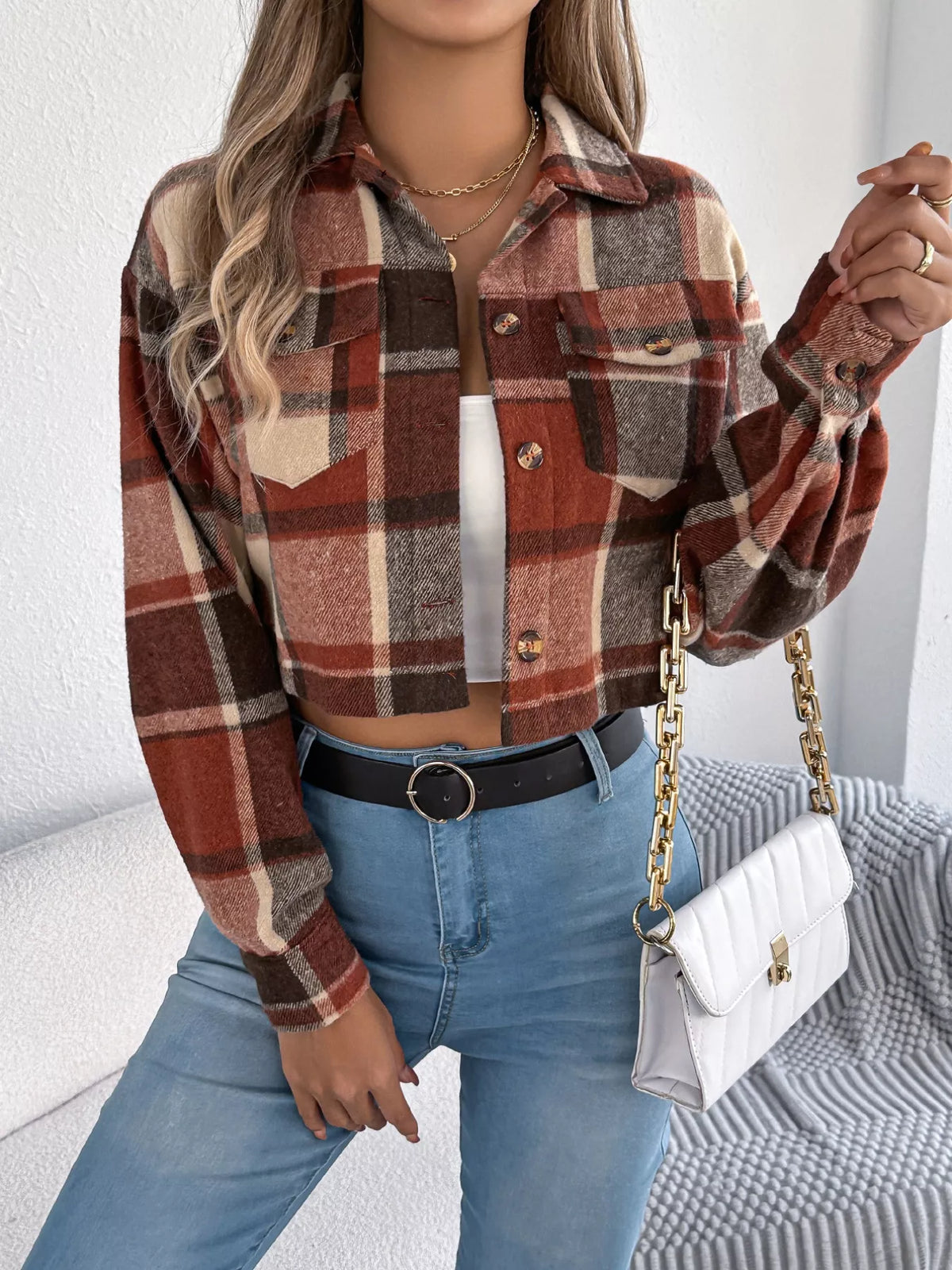 Plaid Button Up Cropped Jacket (5)