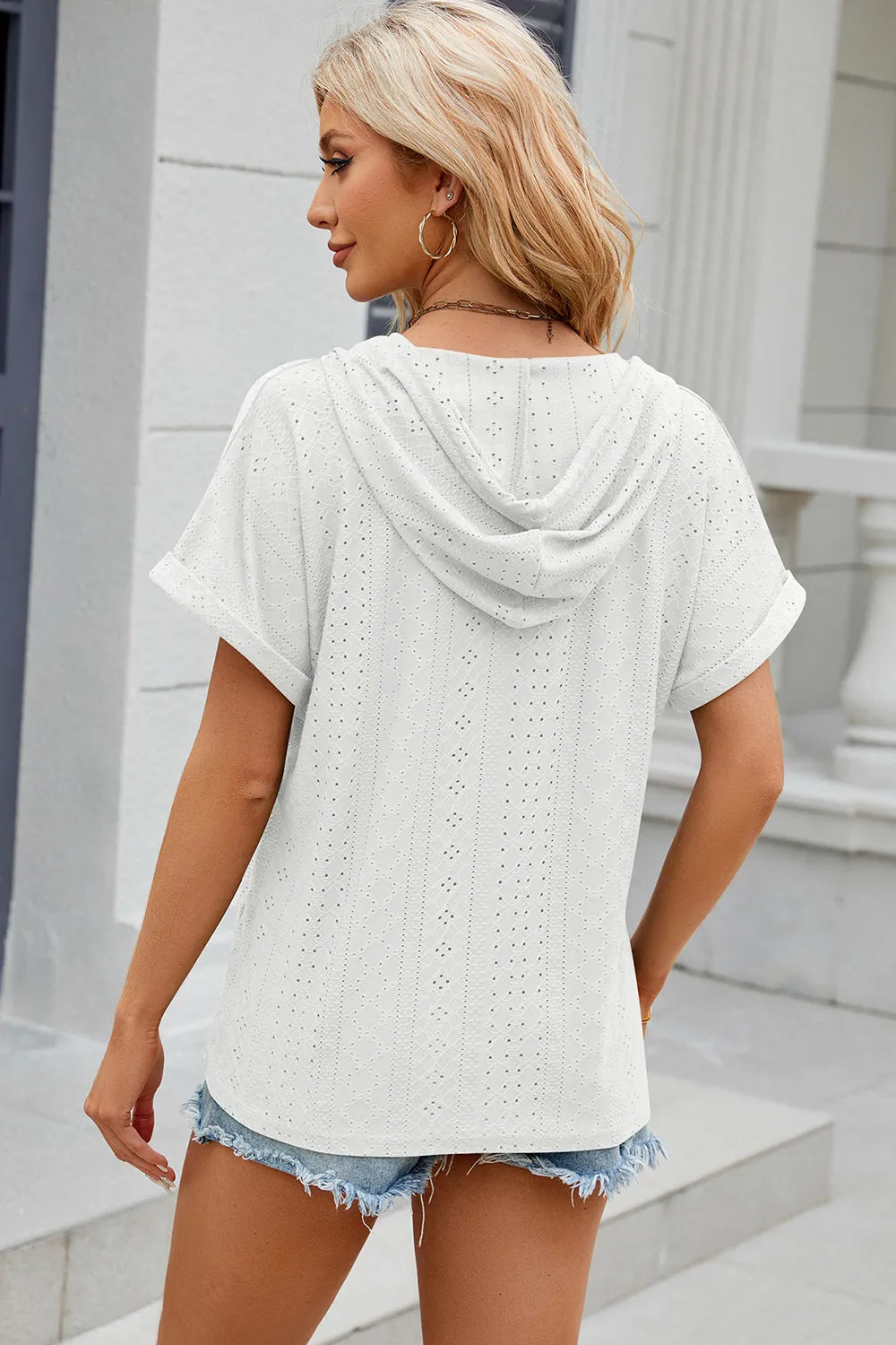 Eyelet Drawstring Hooded Short Sleeve Blouse (16)