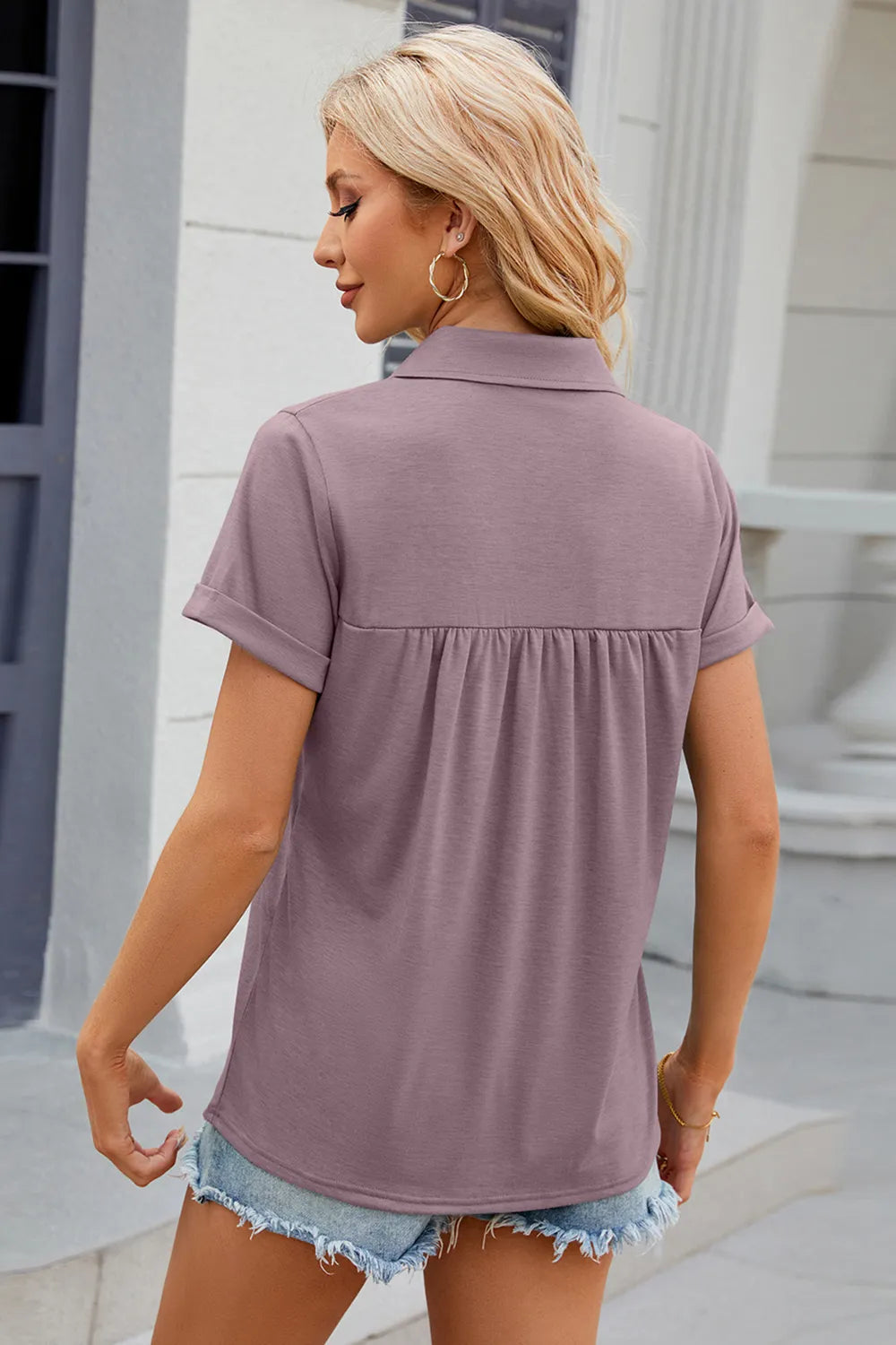 Ruched Johnny Collar Short Sleeve Blouse (32)