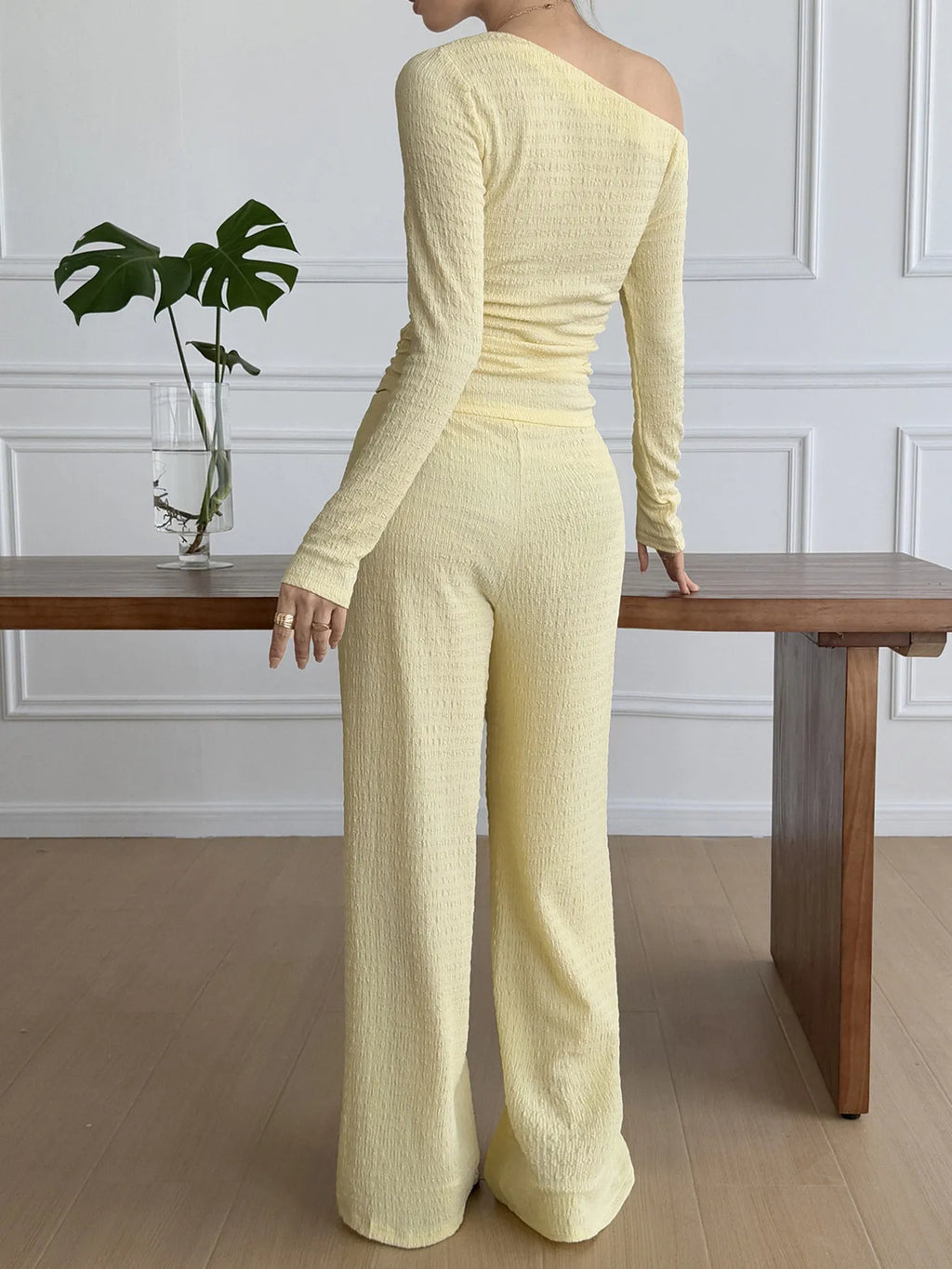 One Shoulder Long Sleeve Top Pants Set (4)