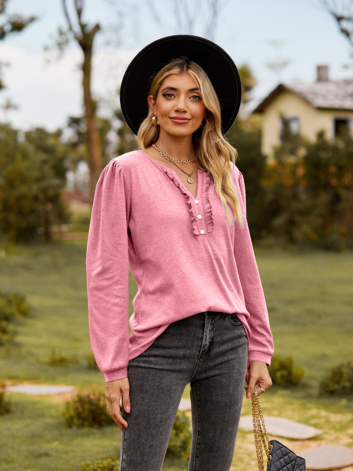 Puff Sleeve Ruffle Trim Blouse (8)