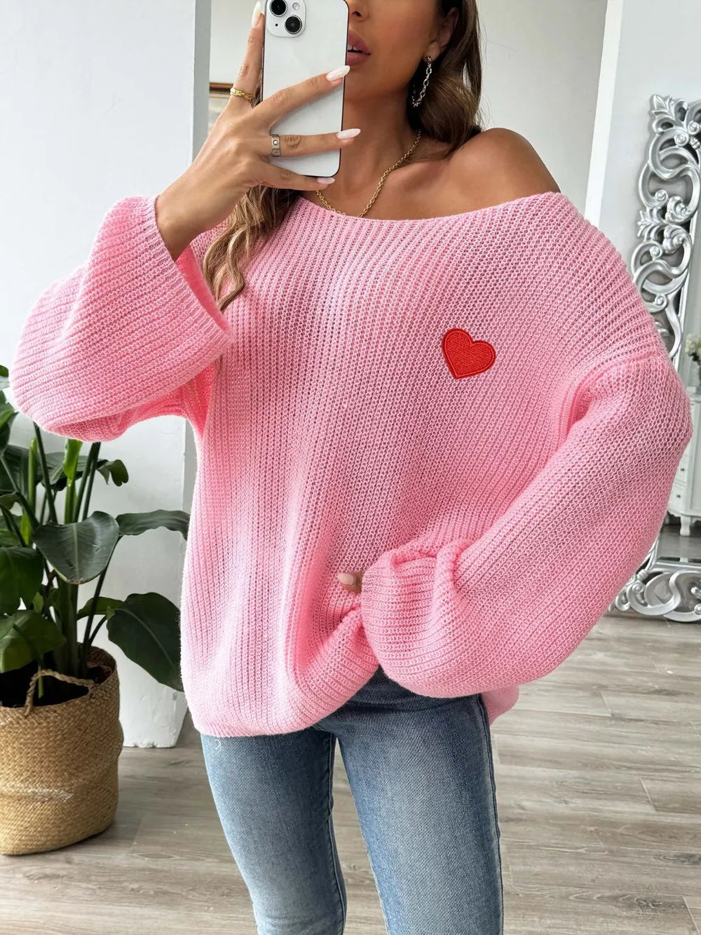 Heart Boat Neck Dropped Shoulder Sweater (14)