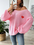 Heart Boat Neck Dropped Shoulder Sweater (14)