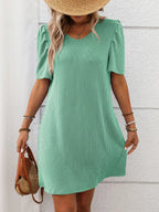 Textured Round Neck Short Sleeve Mini Dress (13)