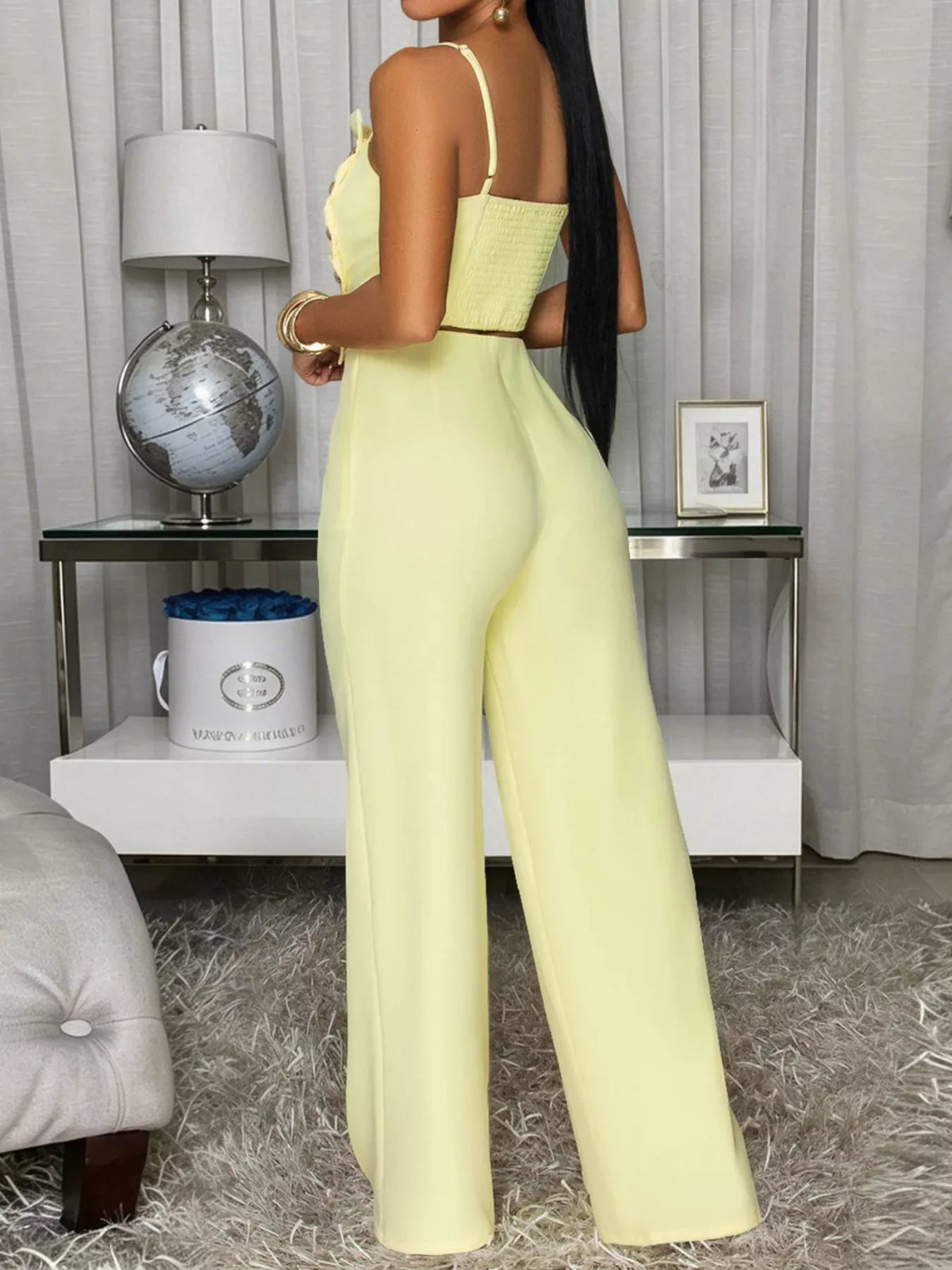 Decorative Button Smocked Back Cami Wide Leg Pants Set (3)