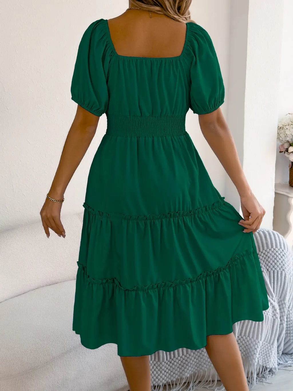 Square Neck Short Puff Sleeve Dress (8)