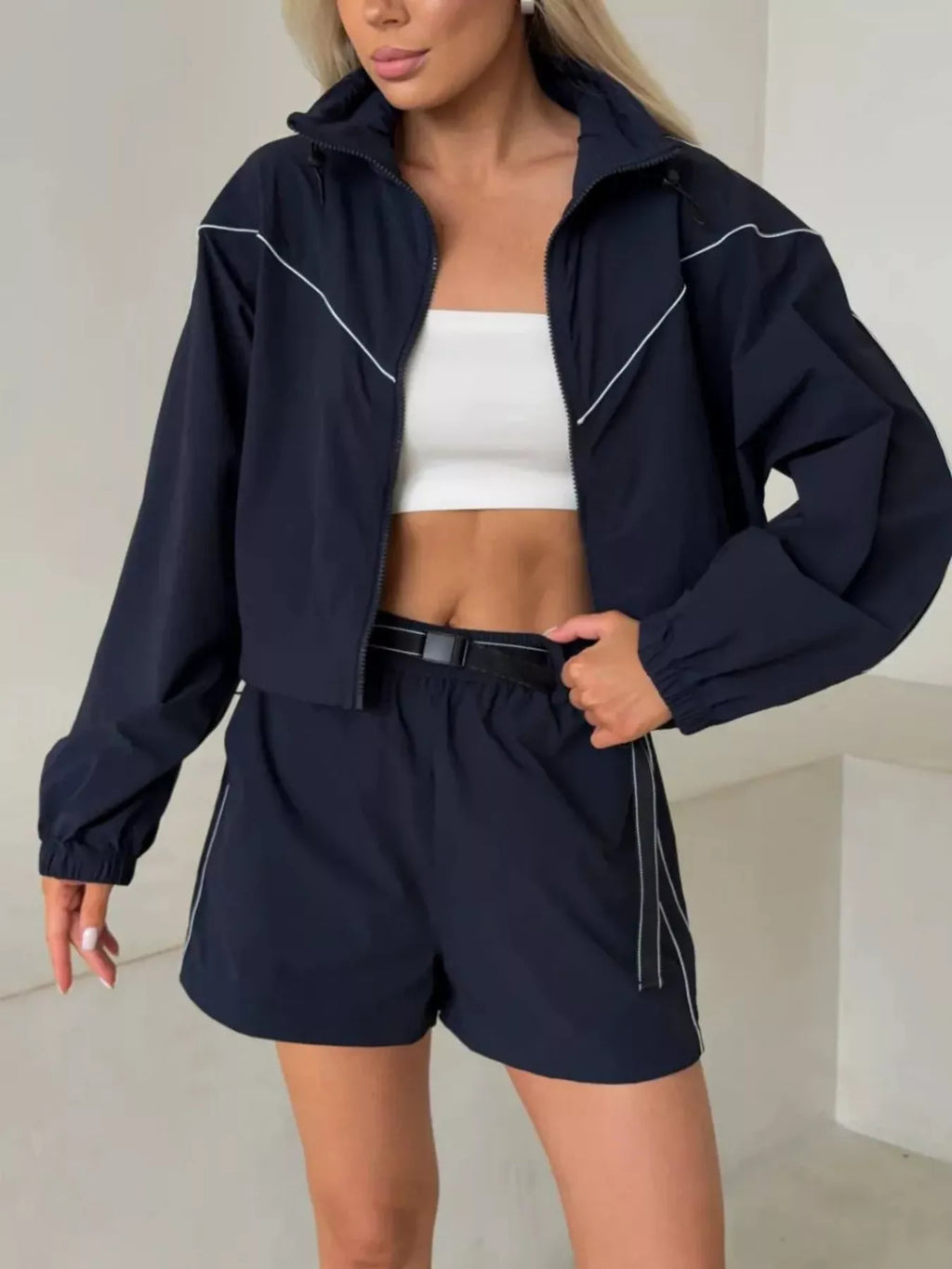 Drawstring Zip-up Jacket Shorts Set (11)