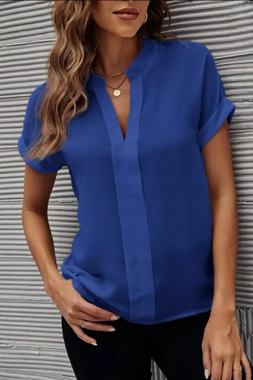 Full Size Notched Short Sleeve Blouse (22)