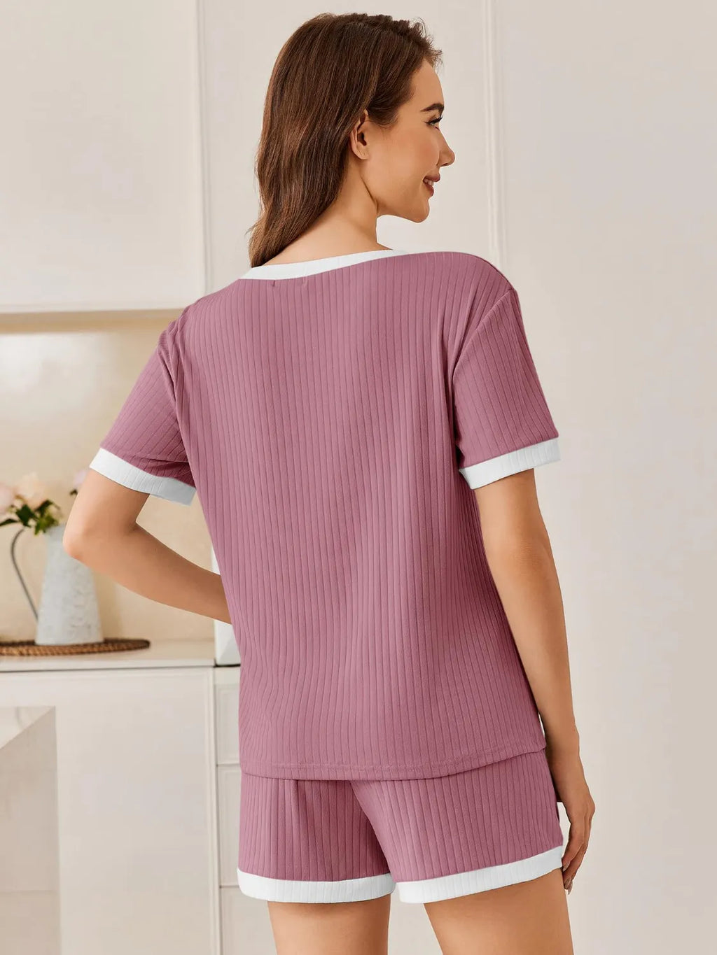 Ribbed Short Sleeve Top Shorts Set (8)
