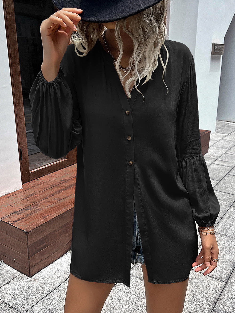 Notched Neck Balloon Sleeve Shirt (8)