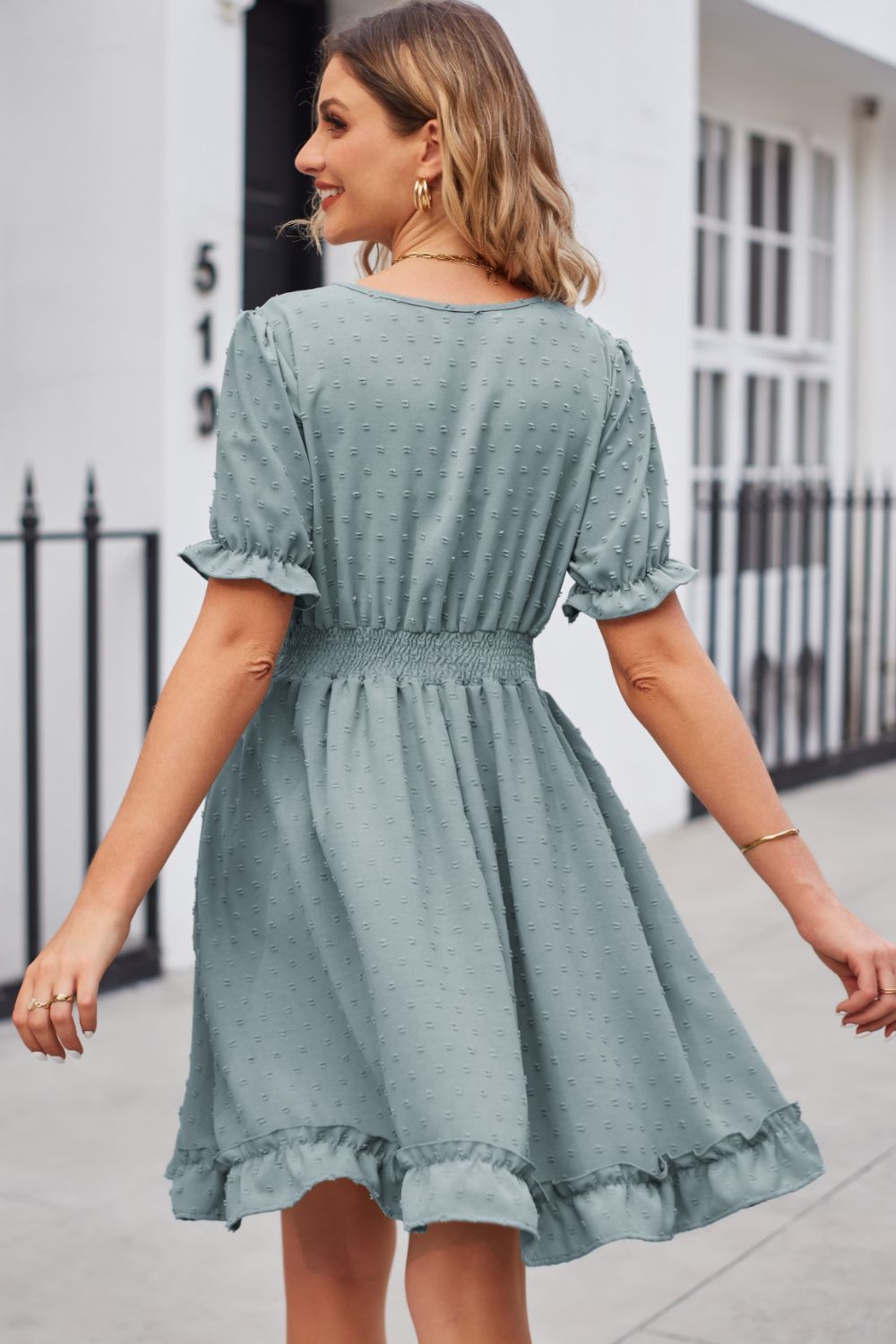 Swiss Dot Frill Trim Flounce Sleeve V-neck Dress (2)