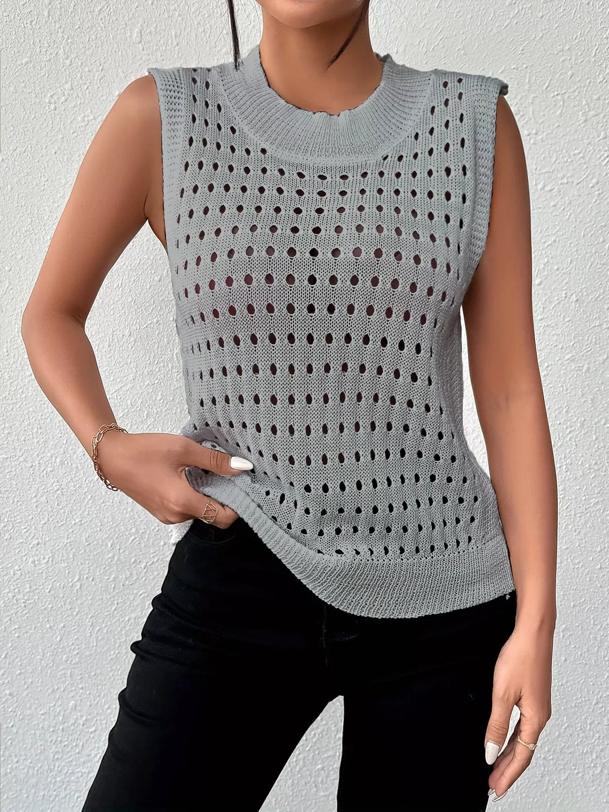 Hollow Out Round Neck Knit Tank (21)