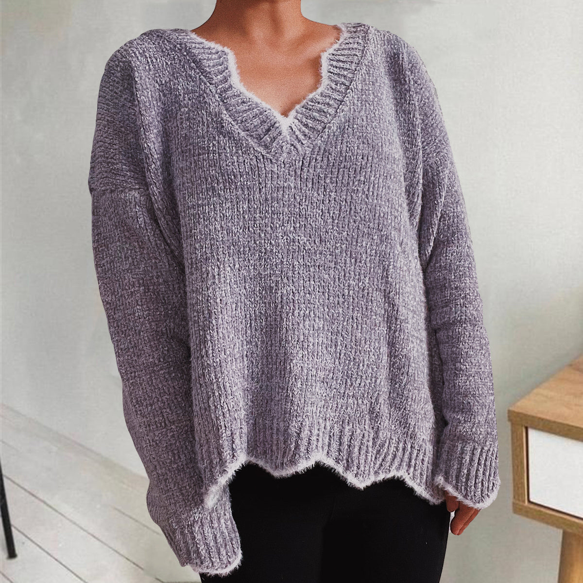 V-neck Drop Shoulder Long Sleeve Sweater (8)