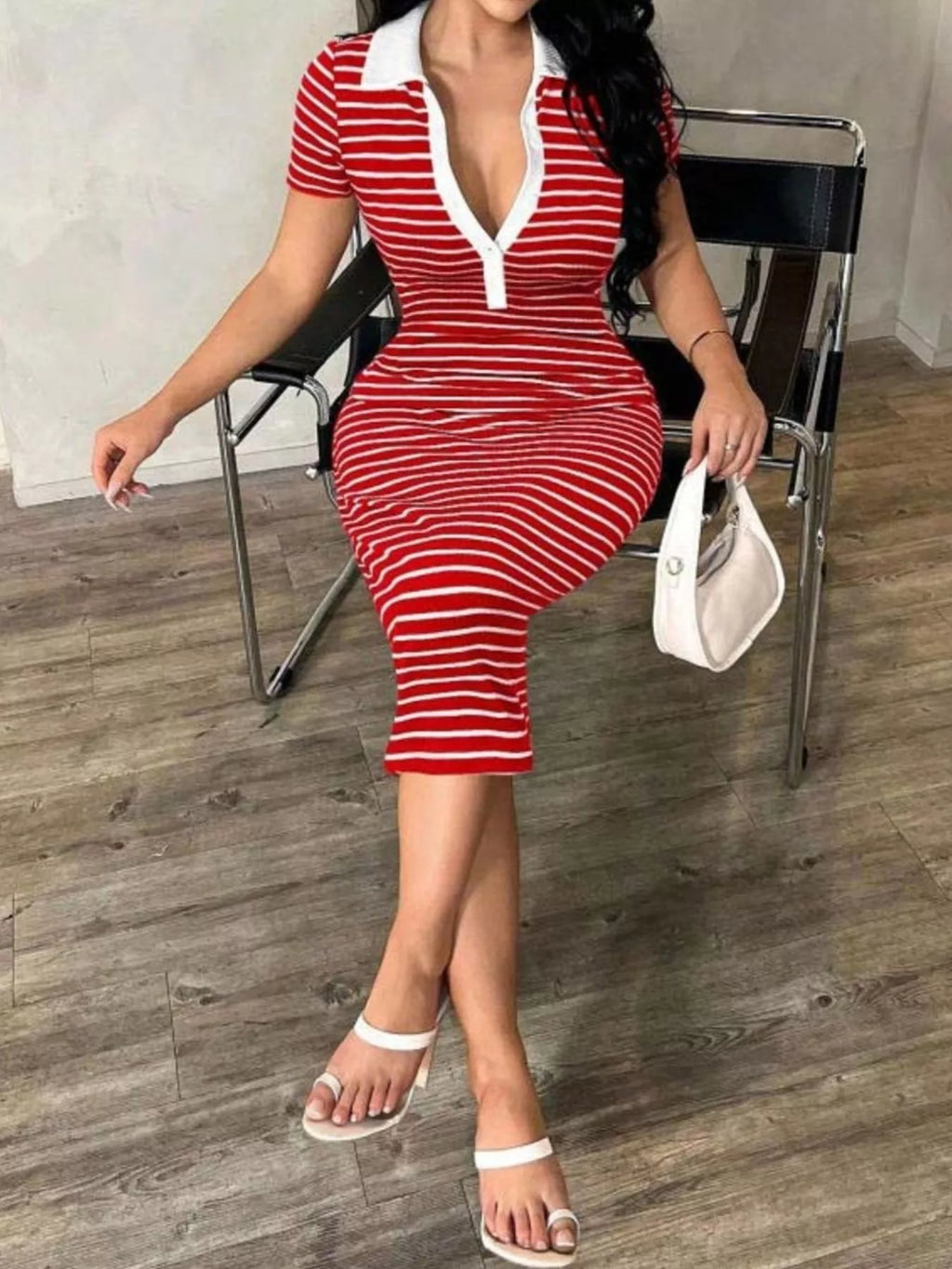 Striped Polo Collar Midi Dress (28)