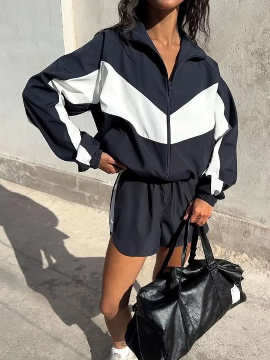 Color-block Zip-up Jacket Shorts Set (7)