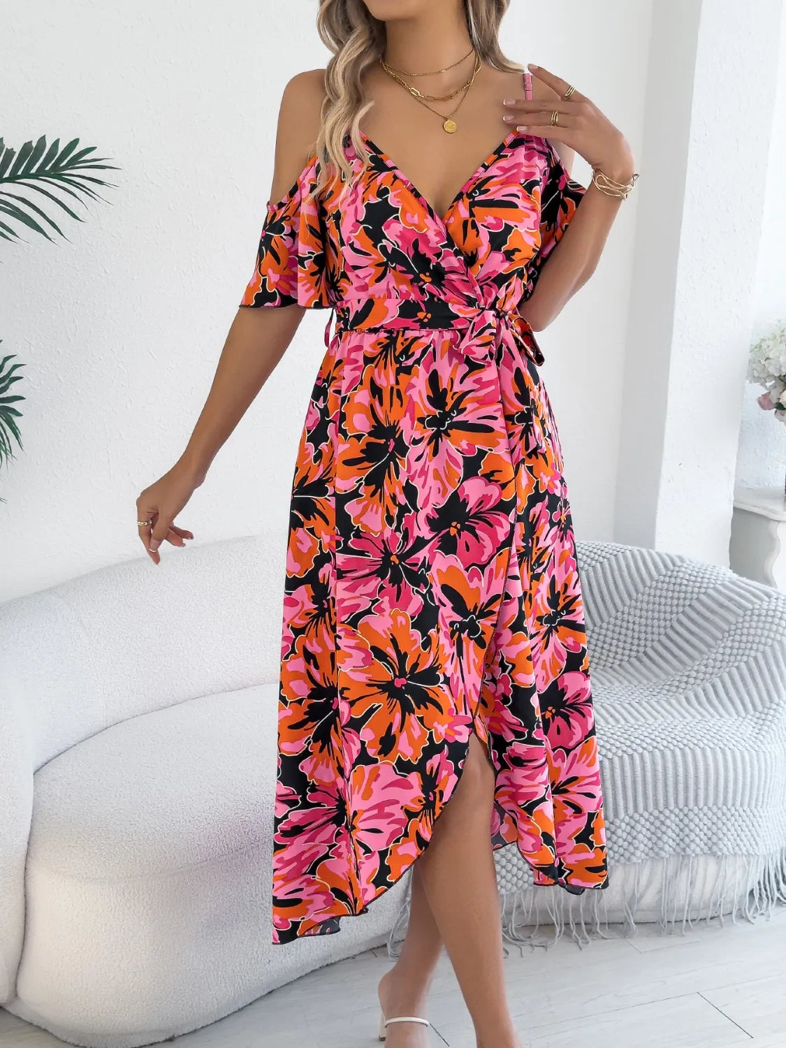 Printed Cold Shoulder Midi Cami Dress (3)