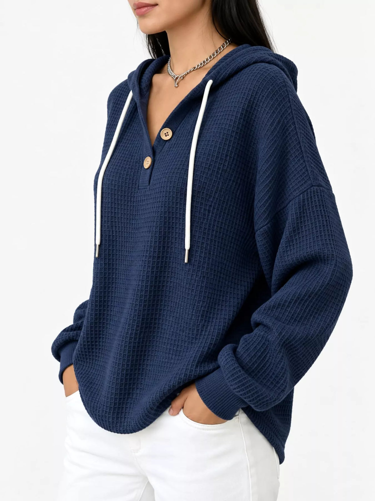 Full Size Waffle Knit Button Detail Hoodie Plus (36)