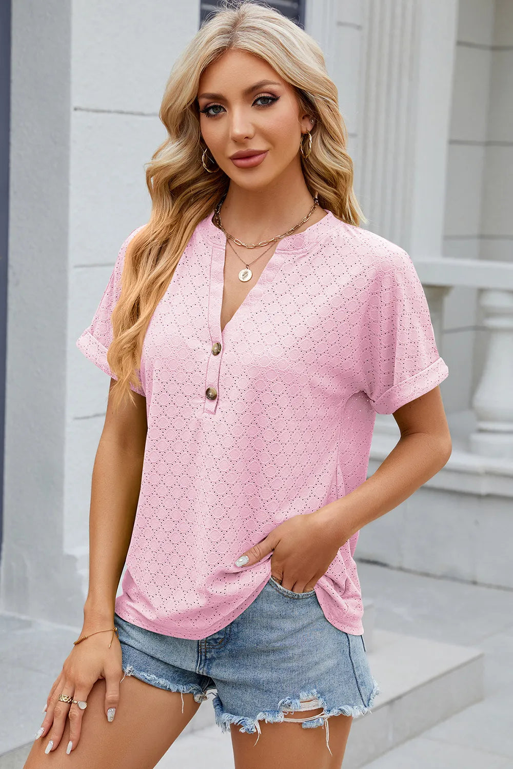 Eyelet Notched Short Sleeve T-shirt (31)