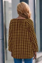 Plaid Tie Neck Balloon Sleeve Blouse (6)