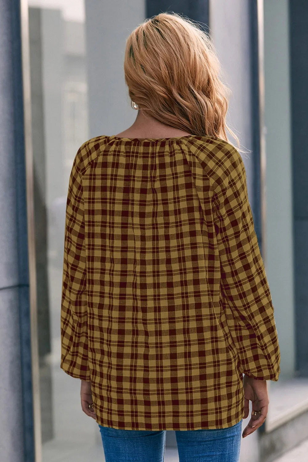 Plaid Tie Neck Balloon Sleeve Blouse (6)