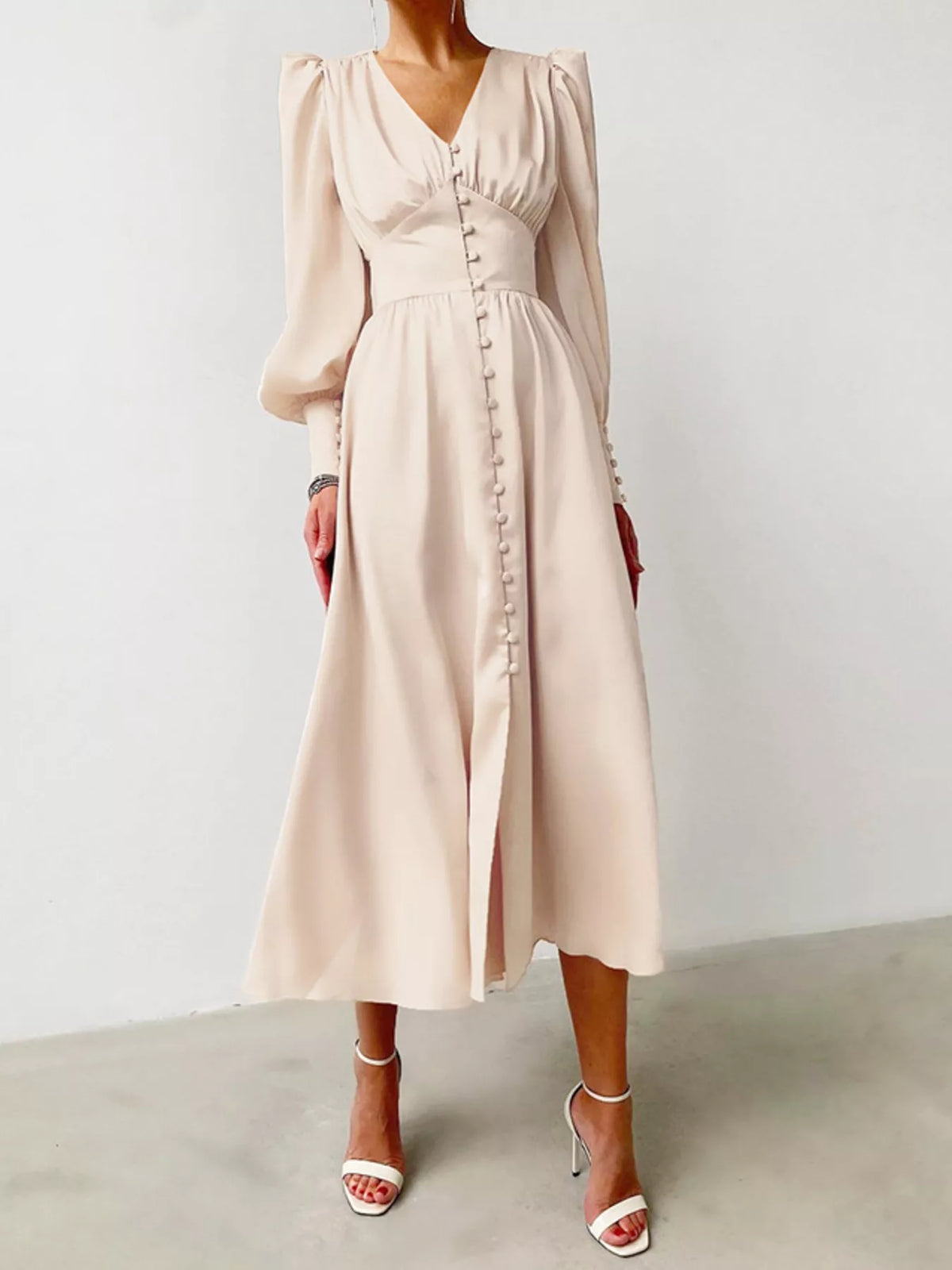 Elegant V-neck Puff Sleeve Button-down Midi Dress (4)