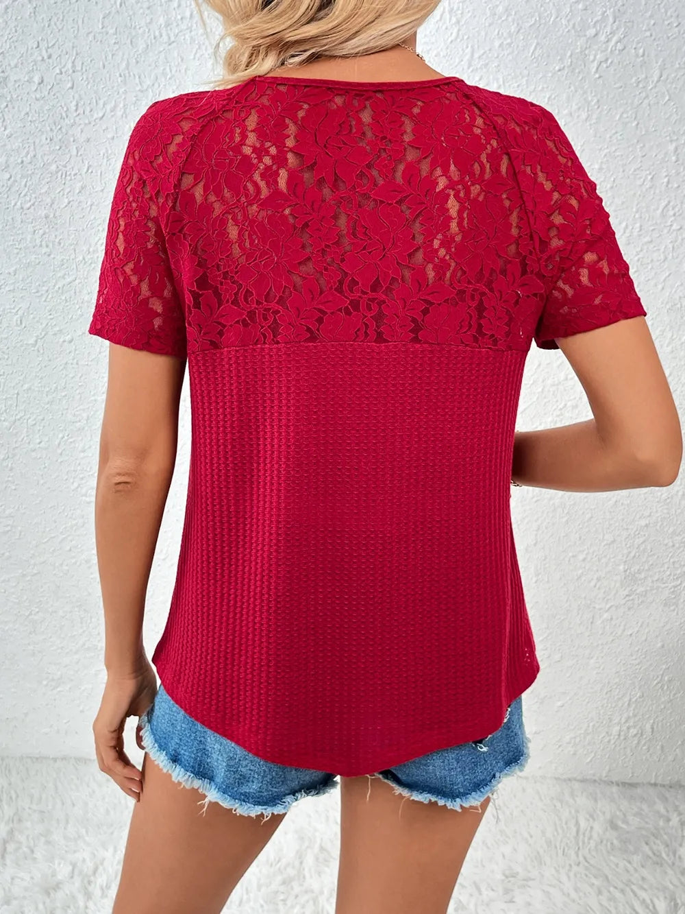 Lace Detail V-neck Short Sleeve T-shirt (8)