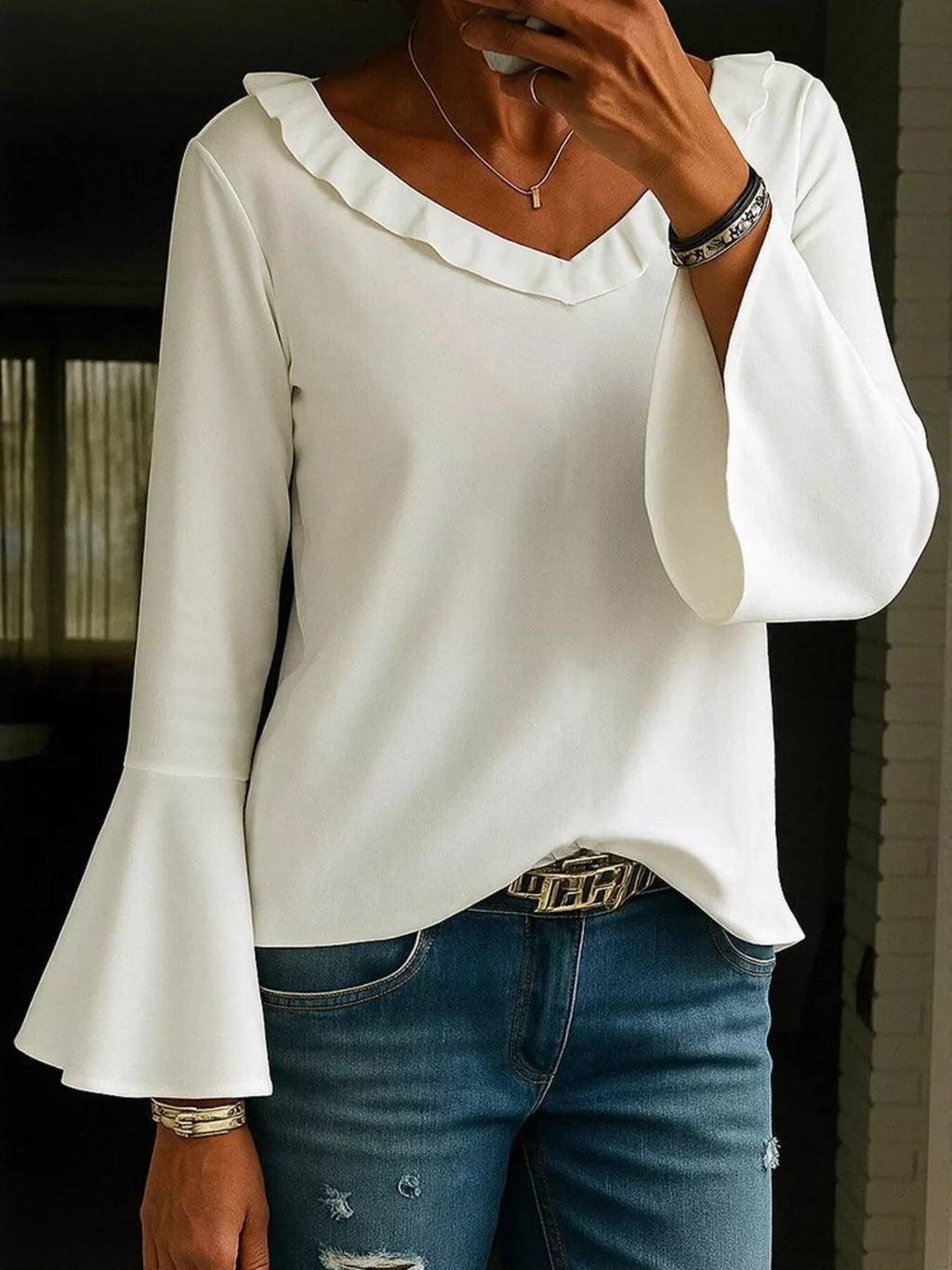 Ruffle V-neck Bell Sleeve Blouse