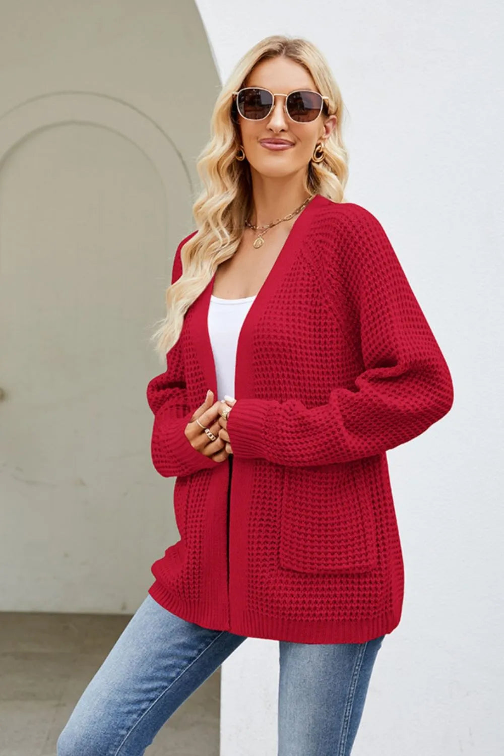 Open Front Raglan Sleeve Pocketed Cardigan (3)