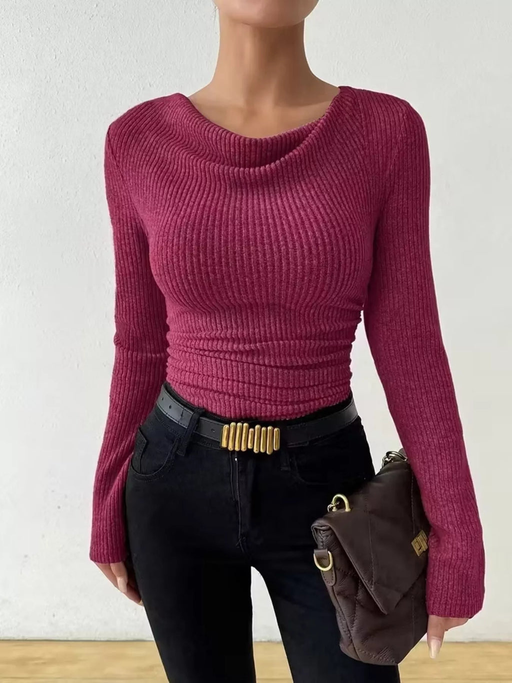 Cowl Neck Ribbed Long Sleeve Sweater (20)